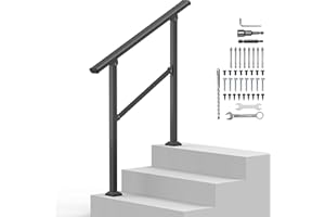 VZNEK Outdoor Handrails for 2-3 Steps, Stair Railing Kit for Concrete & Porch Steps, Adjustable Black Iron Hand Rail for Seniors, Easy Installation, Retro Arch Design