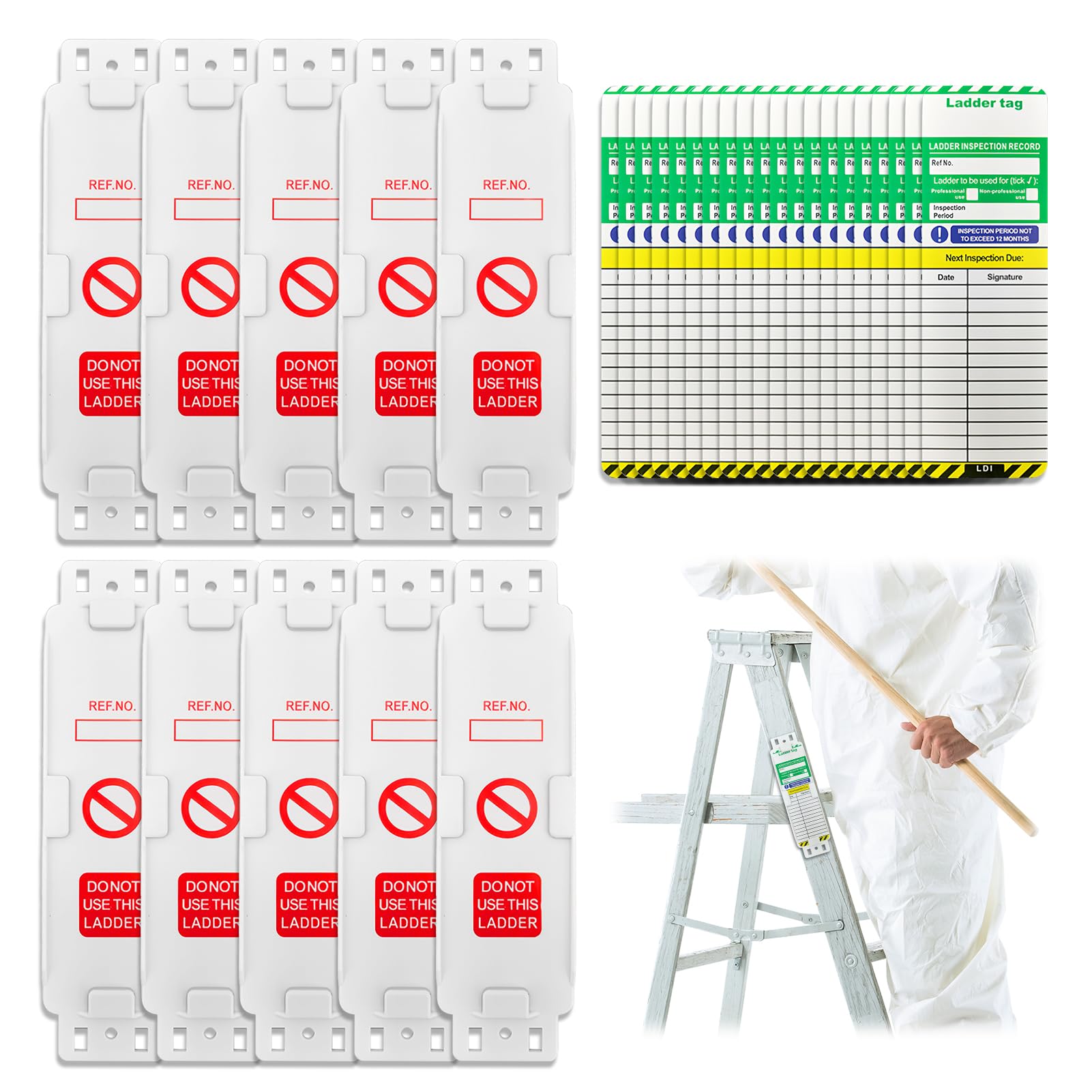 Ladder Tags,10 Holders and 20 Ladder Inspection Tag Inserts Waterproof Ladder Inspection Tags- Inspection Record Kit for All Ladder Types Protect Ladder Safety for Indoor & Outdoor