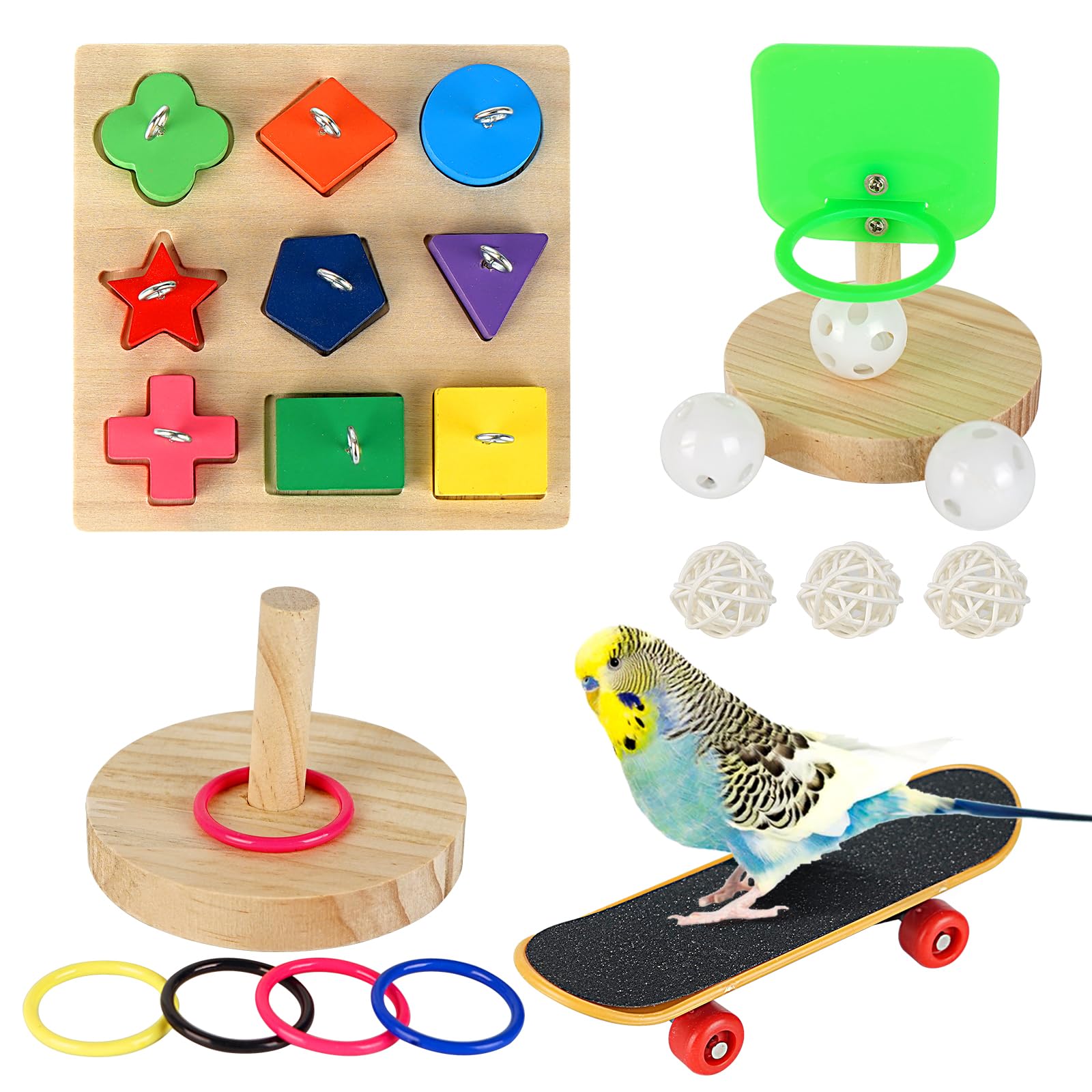 JasCherry 4Pcs Bird Training Toys Set Intelligence Toy Included Wooden Block Puzzle Toy, Training Basketball, Colorful Stacking Rings, Mini Skateboard Toy for Parrots Budgies Cockatiel Parakeet #7