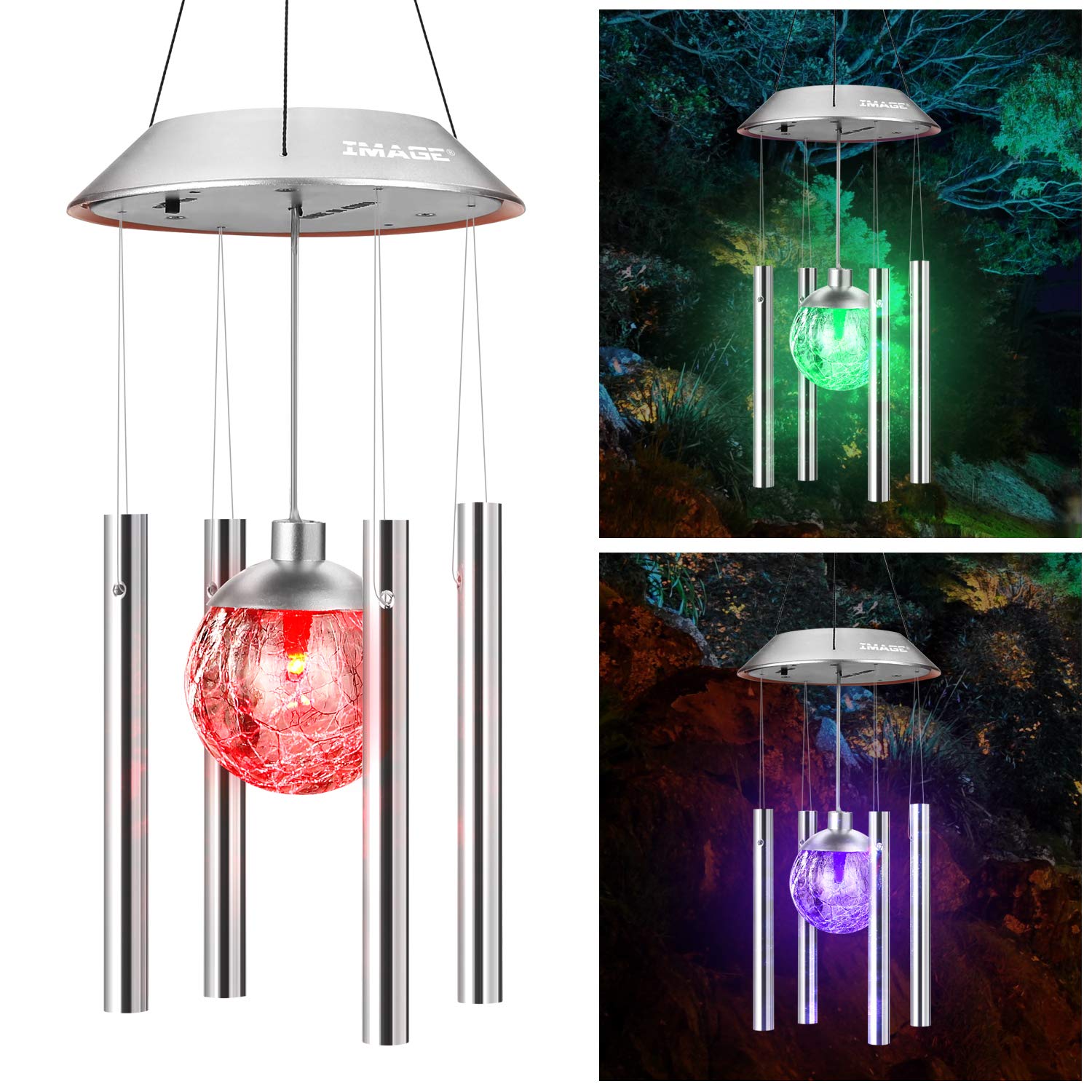 IMAGE Solar Wind Chime Outdoor Hanging Lights Crackle Glass Ball Color Changing Lights with Metal Tube for Garden Patio Yard Home Decor Gifts for Mom Women