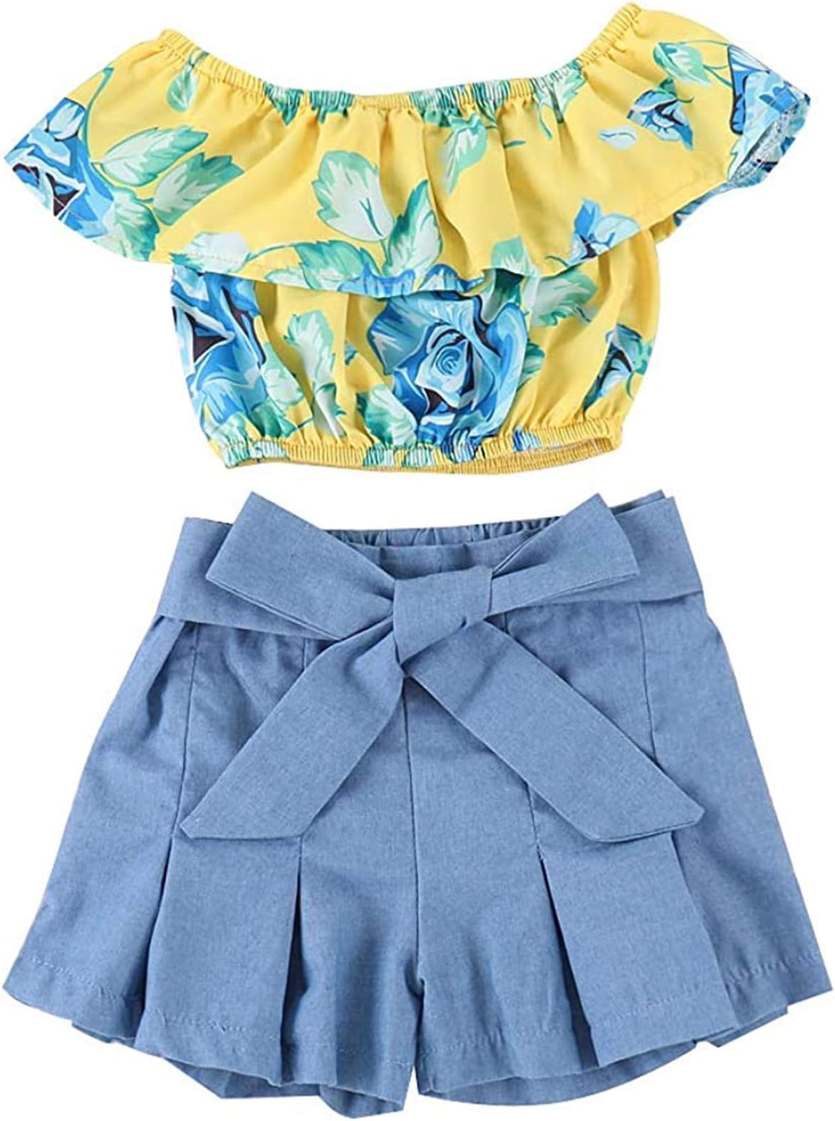 Toddler Baby Girl Halter Denim Outfits Set Ruffled Strap Crop Tops+Short Pants with Bowknot Belt Summer Clothes Set