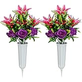 XONOR Artificial Cemetery Flowers for Grave, Set of 2 Artificial Memorial Flowers with Vase for Outdoor Cemetery Headstones Graveyard Gravestone Decoration (Pink Lily&Purple Rose)