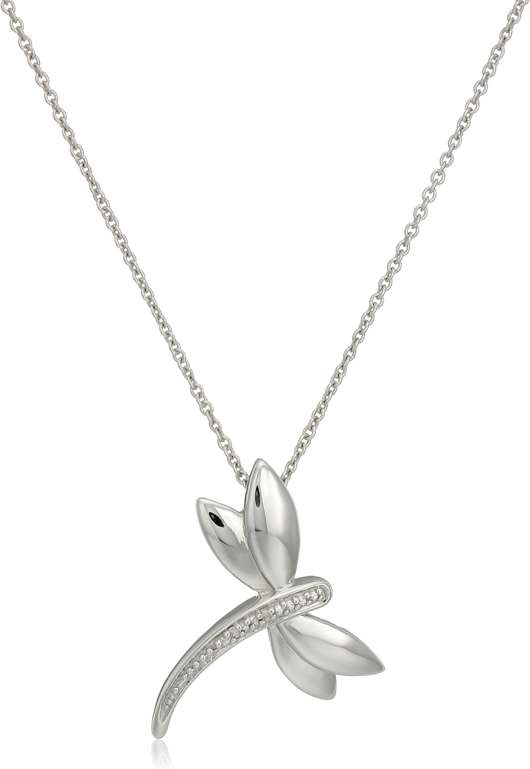 JeweliliSterling Silver Dragonfly Pendant Necklace for Women | Natural White Round Diamonds | 18" Rolo Chain | Luxury Jewelry Gift for Her | Gift Box Included