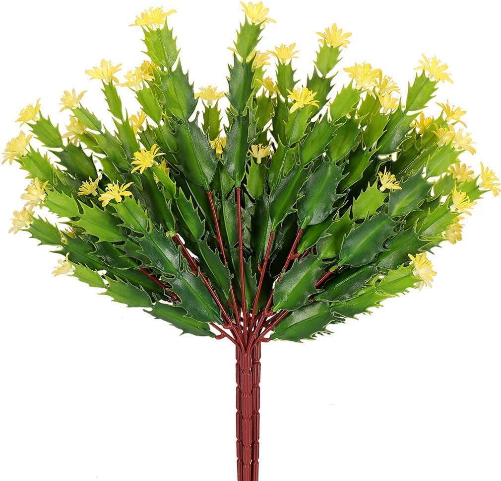 RERXN Artificial Plants Fake Shrubs Plastic Bushes Faux Greenery Cactus with Mini Flowers Indoor Outdoor Garden Home Office Decor,Pack of 3 (Yellow-A)