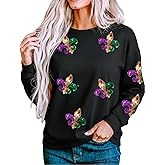 Mardi Gras Shirts for Women Sequin Print Long Sleeve Casual T Shirt Tuesday Carnival New Orleans Party Tee Tops