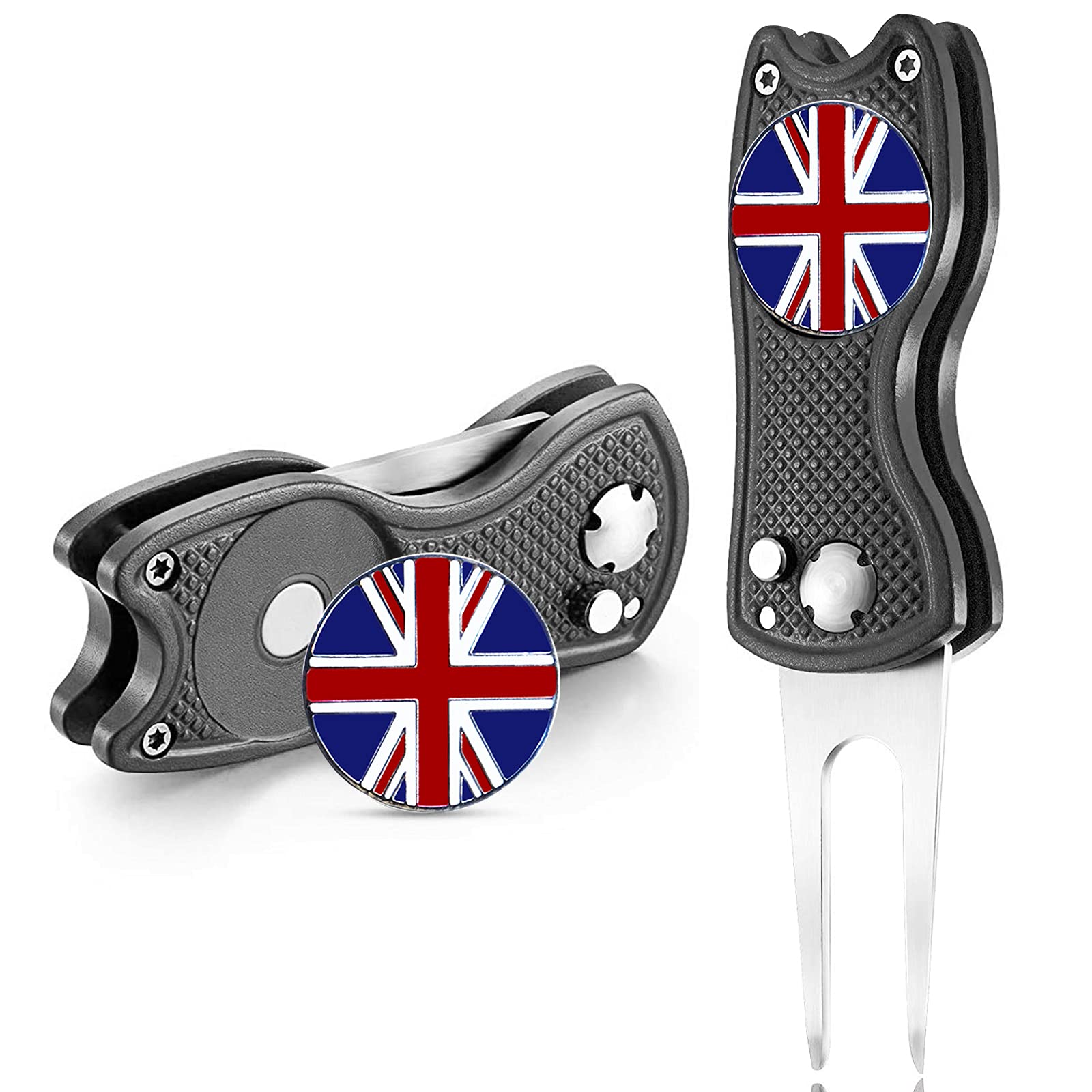 FINGER TEN Golf Divot Repair Tool with Ball Marker Value 2 Pack, Stainless Steel Magnetic Marker Color Red Blue Black Foldable Portable Gifts for Men Women Golfer (Black Cat-2 Pack)