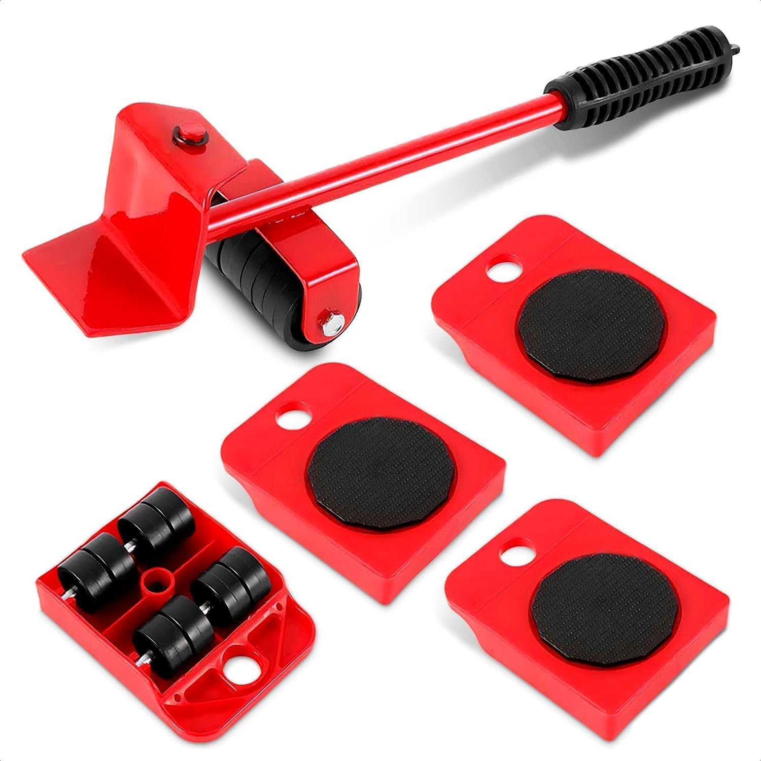Bwnbvios Furniture Transport Roller Set 5 Pieces - 4 Furniture Rollers & 1 Load Jack - Each 150 kg Load Capacity - Non-Slip Coating - For Effortlessly Moving Furniture/Moving Aid/Load Jack,Red,34cm