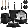 KIKCOIN 22 Pcs Pots and Pans Set Non Stick, Detachable Handle Cookware Sets Nonstick, Non Toxic Induction RV Kitchen Cooking Set with Removable Handles, Dishwasher/Oven Safe (Black)