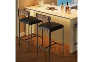 Amyove Bar Stools Set of 2, Upholstered Bar Chairs with Back, 25.5 Inches Kitchen Bar Stools with Footrest, Thick Cushion, Counter Height Barstools for Island, Counter Bar, Easy Assembly, Rustic Brown