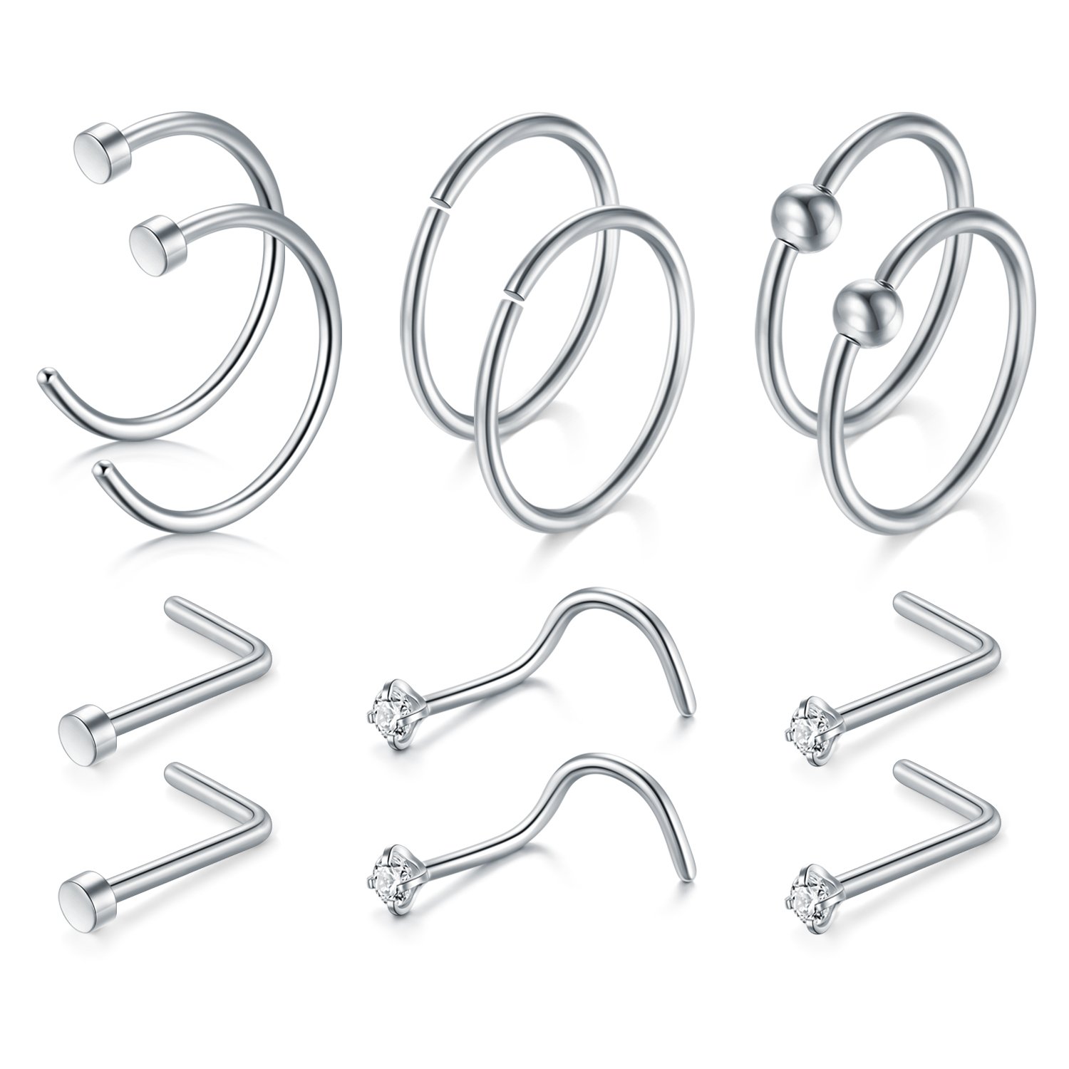JFORYOU 12Pcs Silver Nose Ring Set - 20G 316L Surgical Steel Nose Studs & Hoops — image 1
