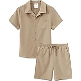 MoFiz Boy's Short 2 Pieces Set Casual Beach Outfits Button Down Shirts Shorts Vacation Texture Sets Kids 6-16 Years