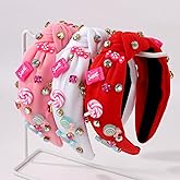 ACO-UINT Valentine's Day Knotted Headbands 3 Pack - Pink White Red Candy & Rhinestone Hair Accessories for Women Girls, Perfect for Parties & Date Nights