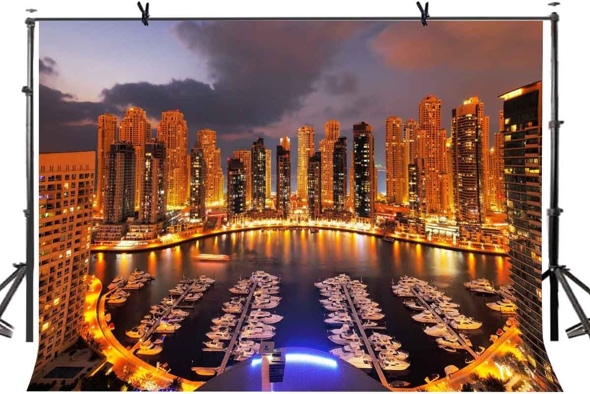 LYLYCTY 7x5ft Dubai Night View Backdrop Brightly Lit Dubai City Night View Photography Background and Studio Photography Backdrop Props LYLX314
