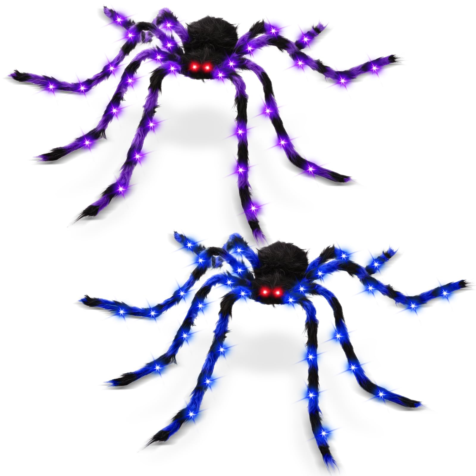 Photo 1 of 2 Pack 50" Halloween Light Up Spiders, Giant Hairy Spider Decorations with Blue and Purple LED Lights, Scary Indoor Outdoor Halloween Decor for Yard Porch Tree Party Haunted House