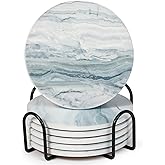 Acejoz Drink Coasters with Holder for Coffee Table, Absorbent Coasters Set of 6, Marble Style Ceramic Coaster for Wooden Table, Suitable for Kinds of Cups, Home Decor, 4 Inches(Blue)