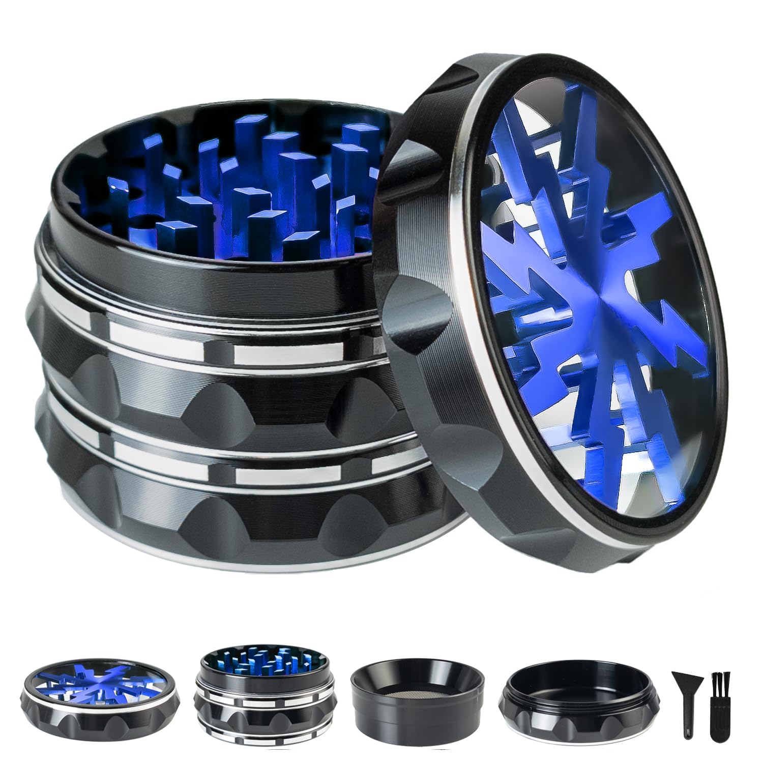Clear Top Herb Grinder Metal Large 2.5'' Large 4-Part, Aluminum Alloy Spice Grinder with Pollen Catcher (Black Blue)