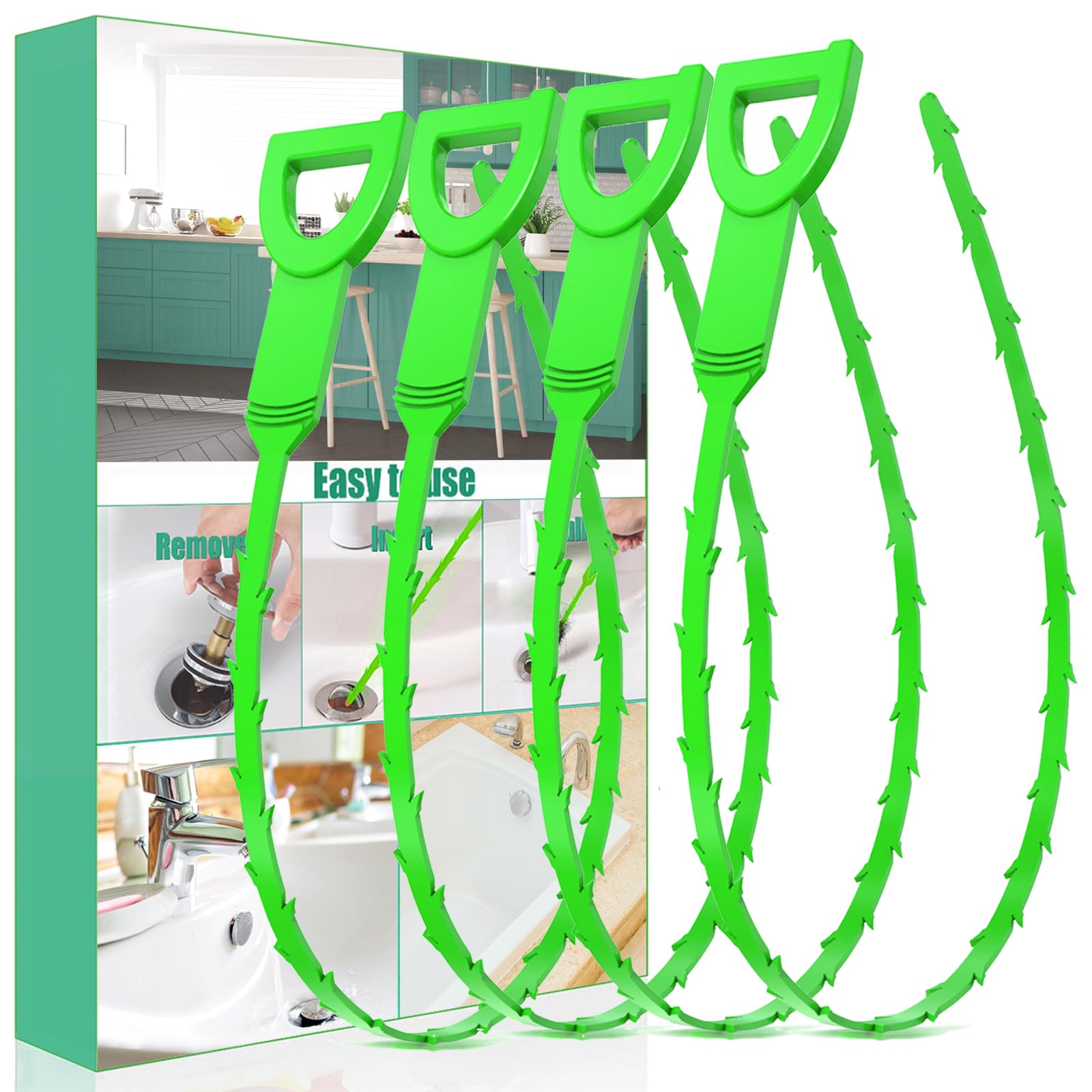 Drain Snake Hair Drain Clog Remover - 4 Pack Shower Snake Sink Unclogger Tool with Exquisite Packaging (Green)