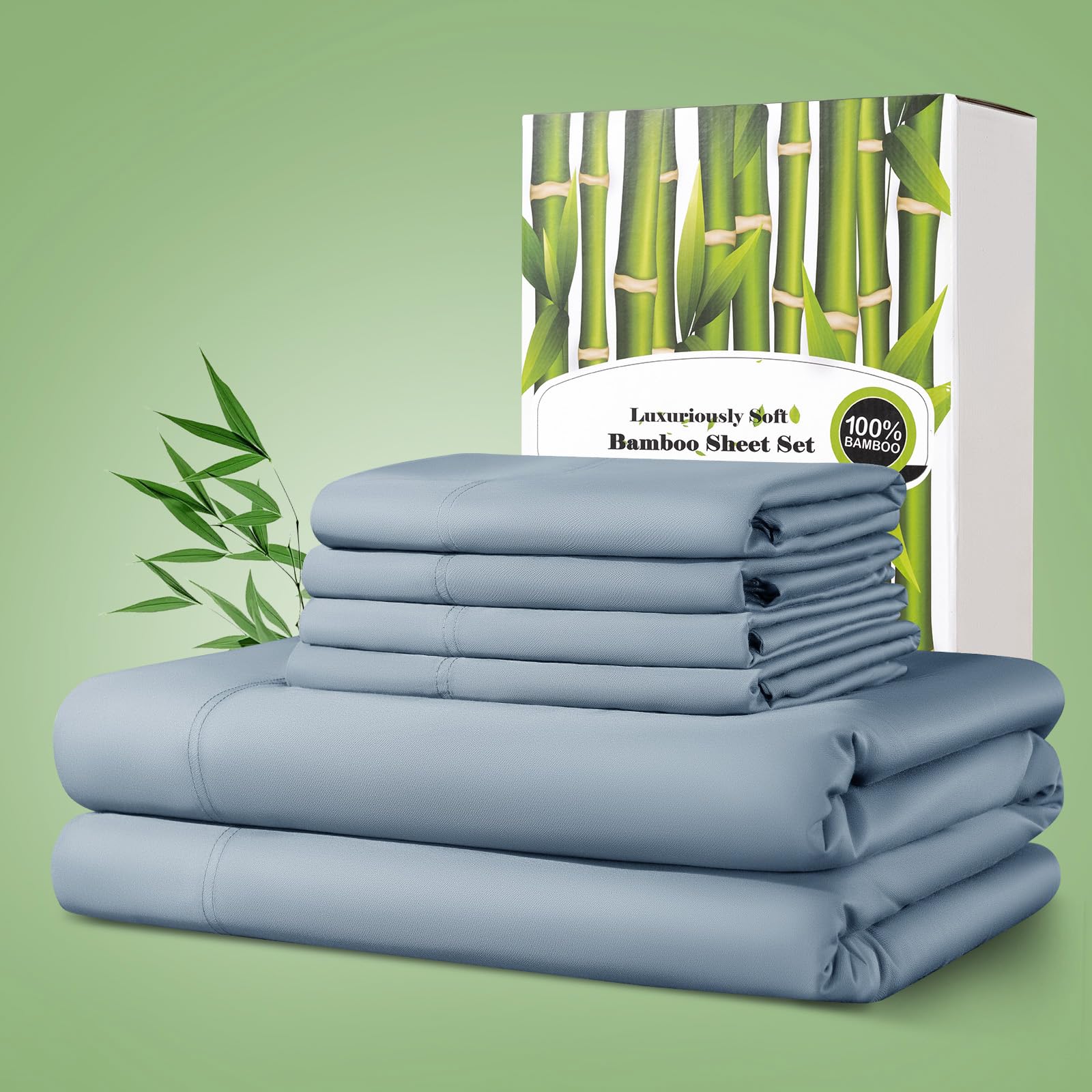 Photo 1 of (BAGGED) Shilucheng 100% Viscose Derived from Bamboo_ Sheets Queen Size 6pcs, Ultra Soft & Luxuriously Cooling Bed Sheets, Deep Pocket Up to 16", Hotel Silky Bedding Set (French Blue)