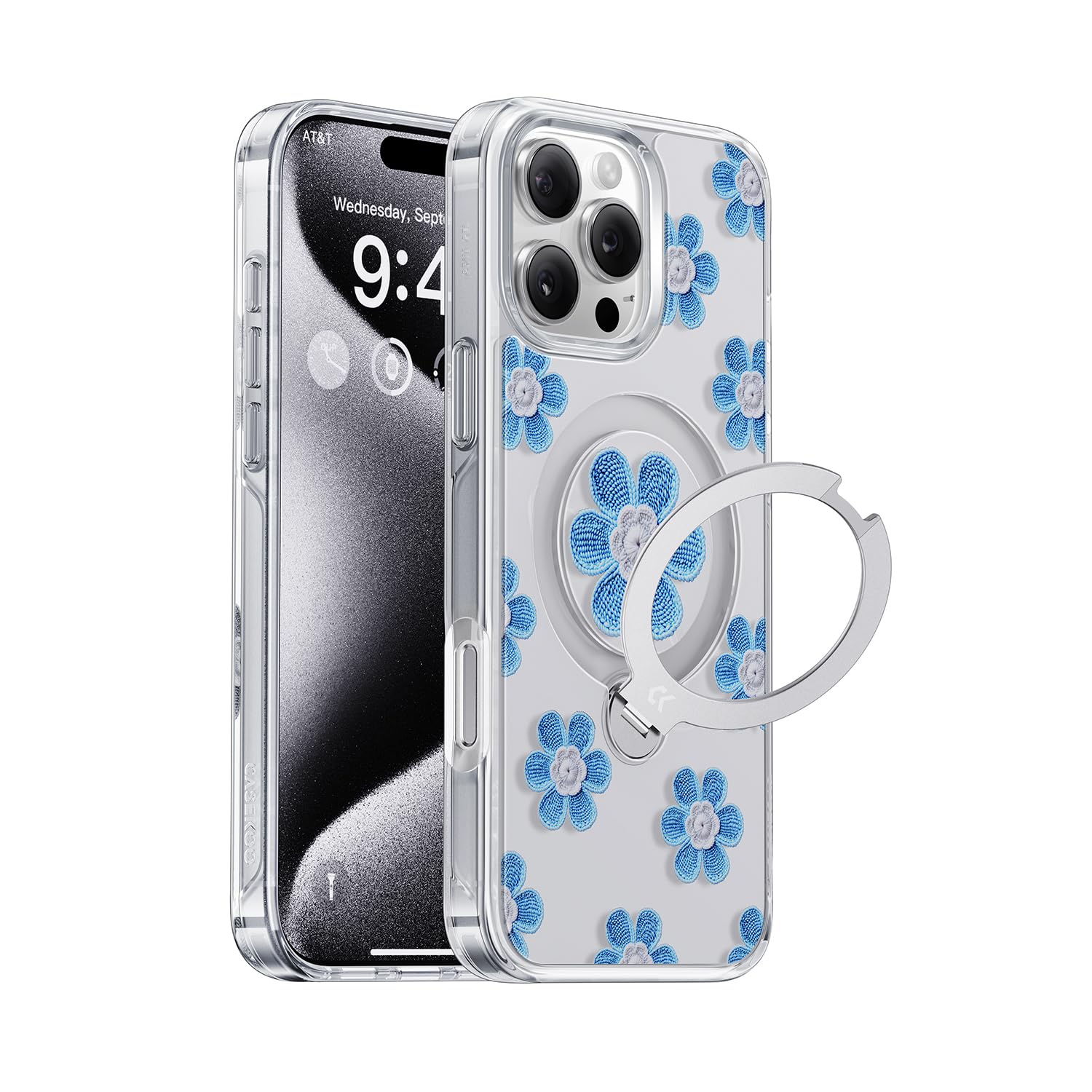 CASEKOO Floral Series Blue Flowers for iPhone 15 Pro Case with 360° Spin Magnetic Ring Stand [Compatible with MagSafe][Military-Grade Protection] for Women 6.1 inch