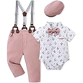 SOLOYEE Baby Boy Clothes Suits 3-24M Infant Gentleman Outfits, Short Sleeve Shirt+Bowtie+Beret+Suspender Pants Clothing Set
