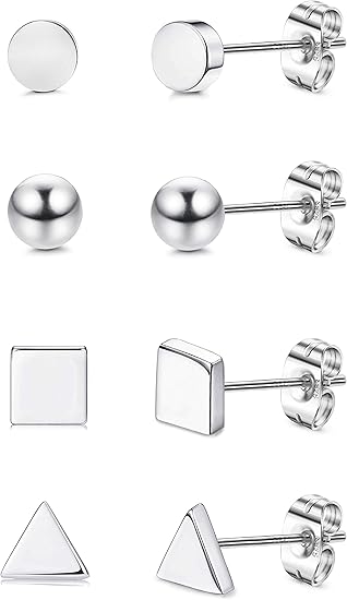 Amazon Sllaiss 4ペア 925スターリングシルバー 小さな幾何学的スタッドイヤリングセット レディース 様々な形 小さなドットボールスタッドイヤリング 四角い三角形イヤリングセット ネックレス 通販