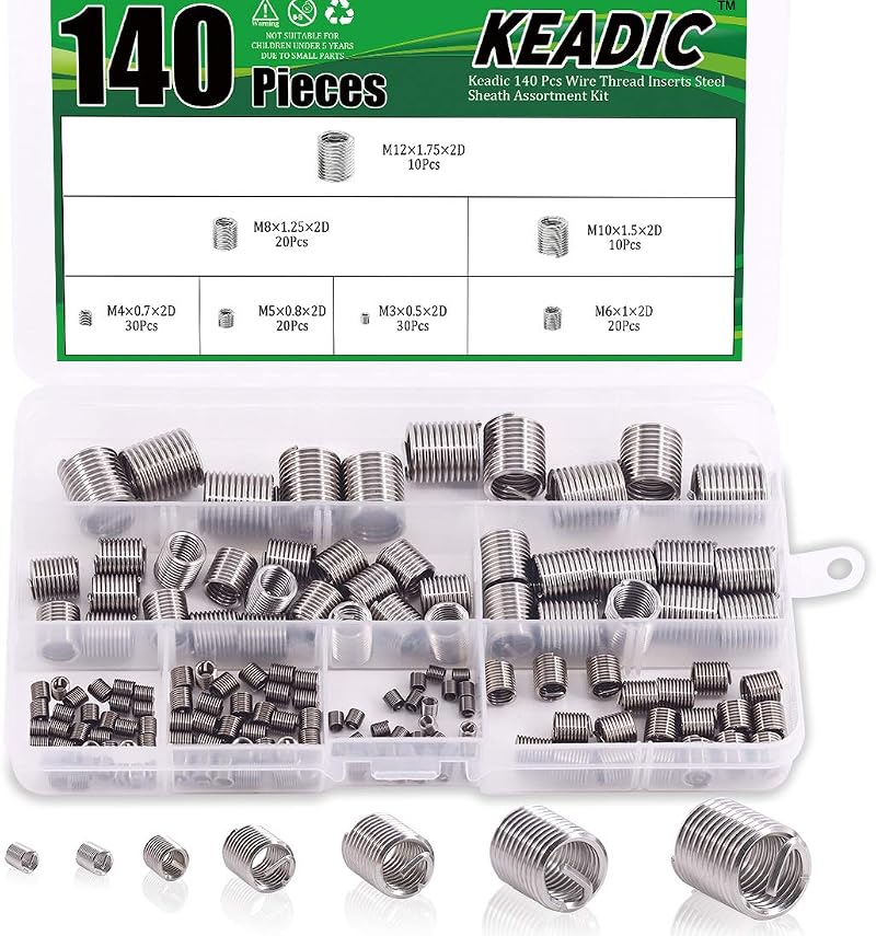 Keadic 140pcs Helicoil Screw Repair Sleeve Kit M3-M12 Stainless Steel