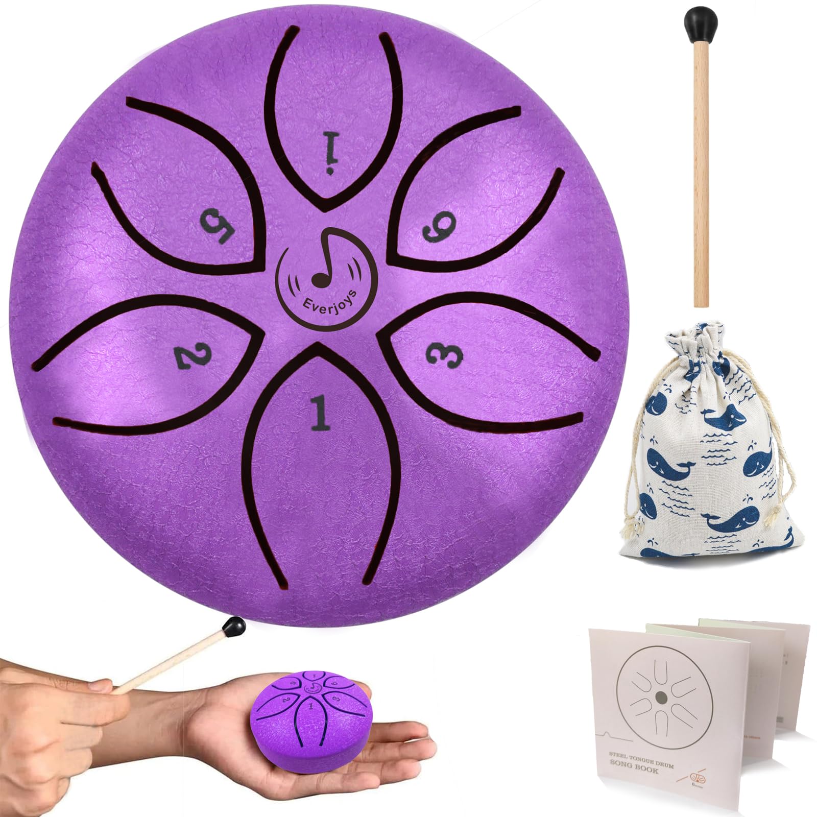 Rain Drum for Outside- Steel Tongue Drum 3 Inch 6 Notes C-Key Handpan Percussion Instrument with Cloth Bag,Music Book and Mallets, Music Gift for Kids(3inch, Purple)
