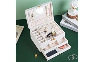 Cheri Bliss White Jewelry Box with Mirror, 3 Layer Jewelry Holder Organizer, 2 Drawer Jewelry Storage, Big Earring Ring Necklace Jewelry boxes Tray for Women and Girls (White)