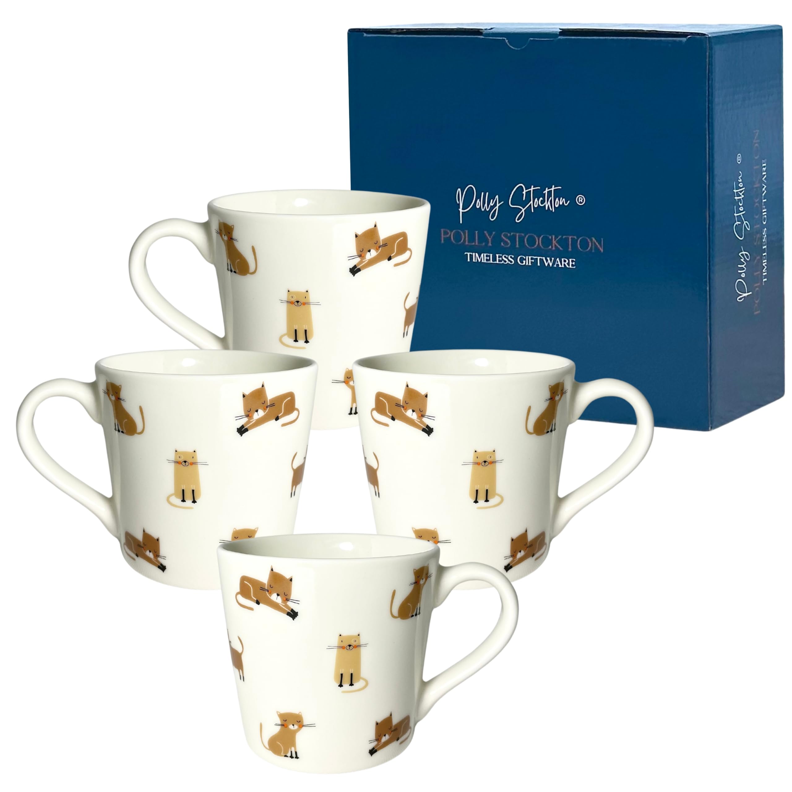 Polly Stockton Curious Cats Mugs - Ceramic Coffee & Tea Mugs with Charming Animal Design. Tasteful Everyday Homeware, a Thoughtful Gift for All Animal Lovers - Set of 4, 400ml Capacity.