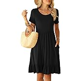LILBETTER Round Neck Knee Length Dress for Women with Pockets Casual Summer Short Sleeve Pleated Ruffle Hem Short Dress