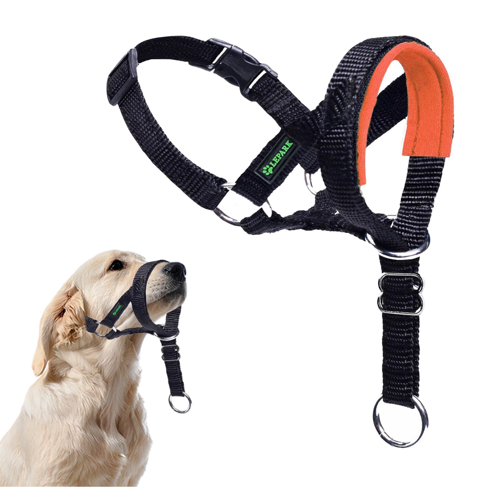 ILEPARK Dog Head Collar with Safety Strap, Head Harness for Dogs to Stop Pulling, Easy to Use, Adjustable & Reflective (L, Orange)