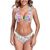 RELLECIGA Women's V Neck Bikini Set Wave Triangle Top Cheeky Two Piece Bathing Suits