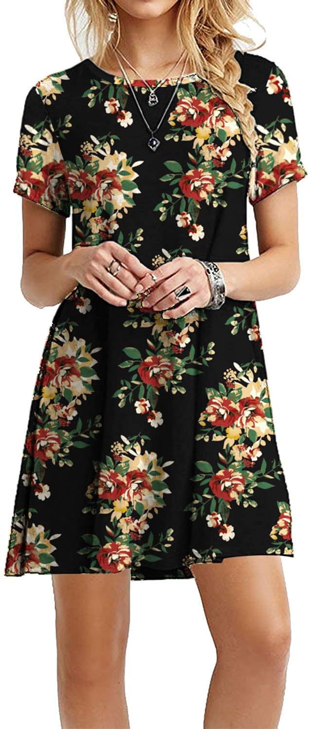 MOLERANI Women's Casual Plain Simple T-Shirt Loose Dress (L, Green Leaves Red)