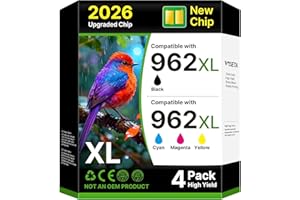 【Latest Chip】 962XL Ink Replacement for HP Printers (4 Pack, Black/Cyan/Yellow/Magenta) Compatible for HP 962 Ink Cartridges 