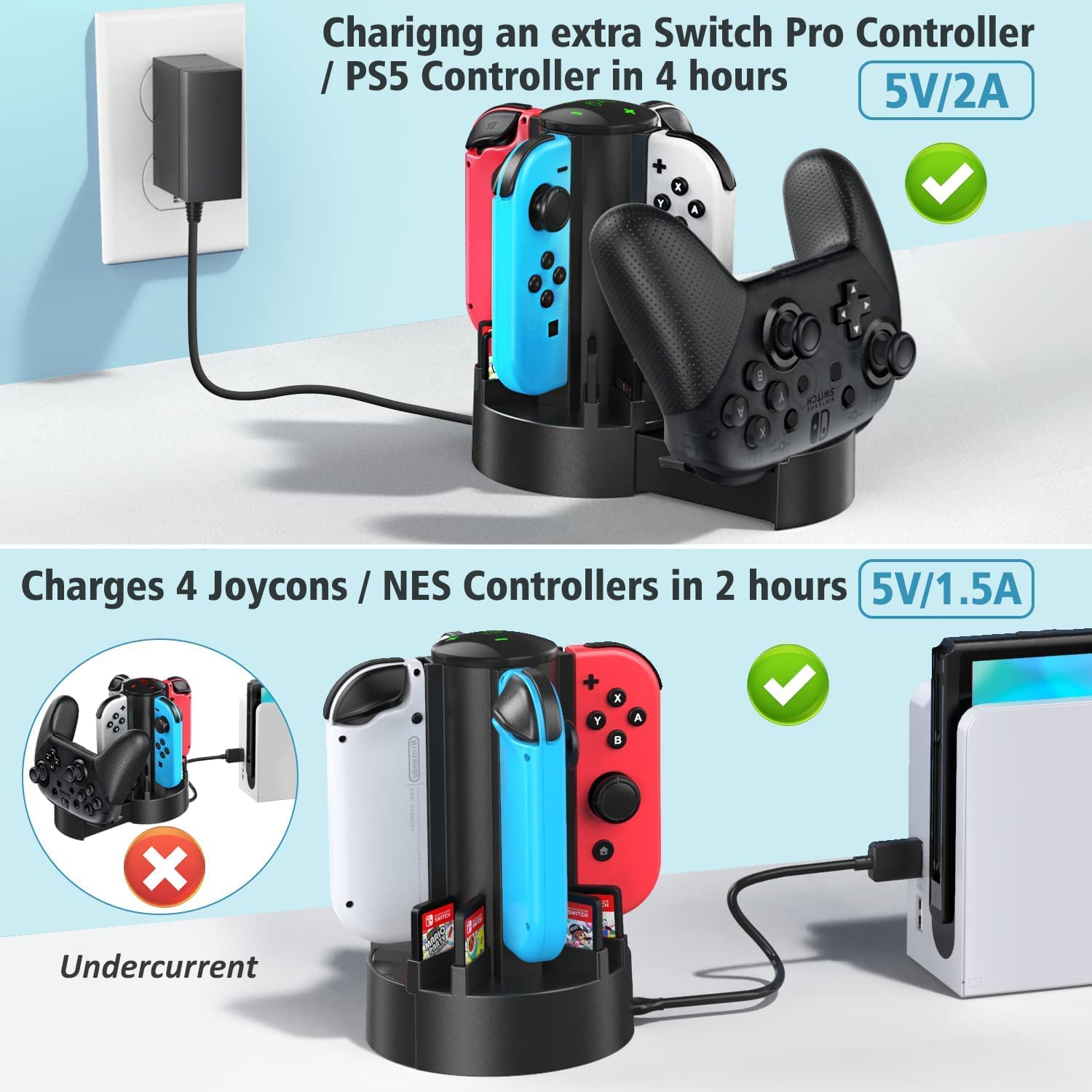 OIVO Switch Controller Charger Docking Station for Nintendo Switch/OLED Joycons/NES/ N64/ Supper Nintendo and Pro Controller, Switch Remote Charging Dock with 8 Game Slots for Joy-Con Controllers