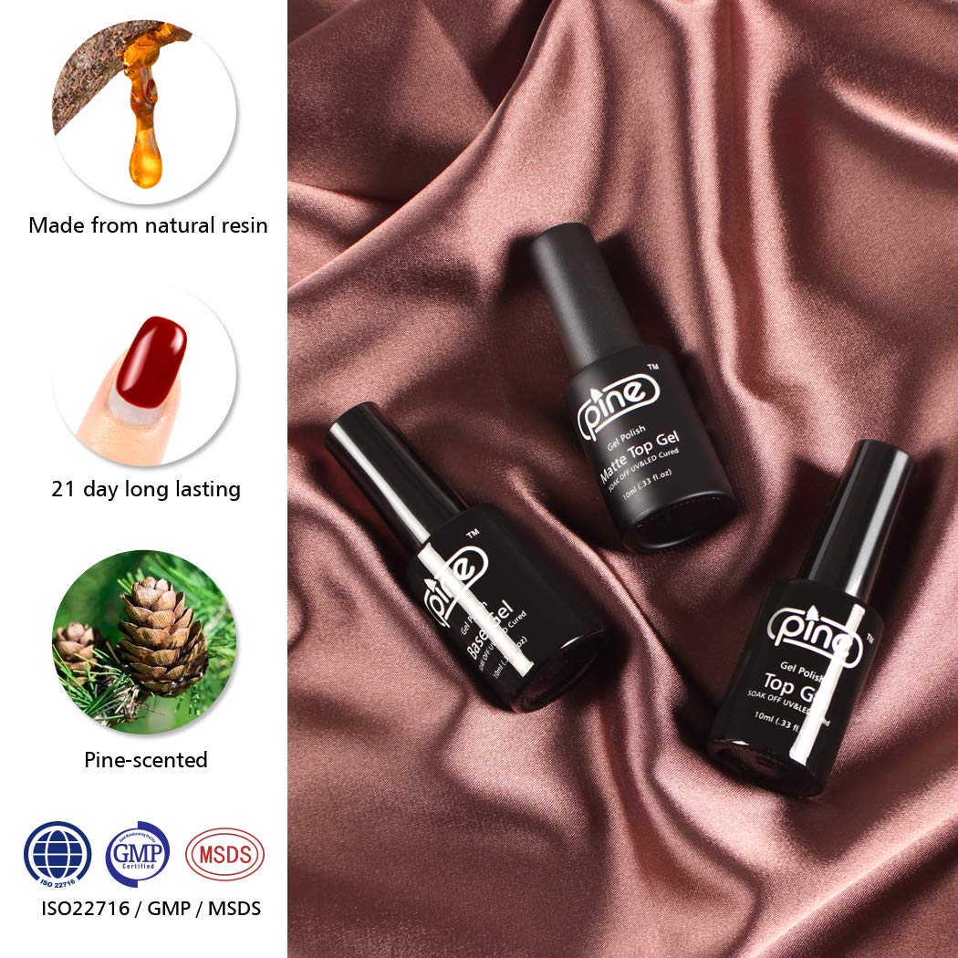 Pine No Wipe High Glossy Top Coat Matte Top Coat and Base Coat Gel Nail Polish Set 3x10ml Soak Off UV LED Gel for Long Lasting Gel Manicure : Beauty