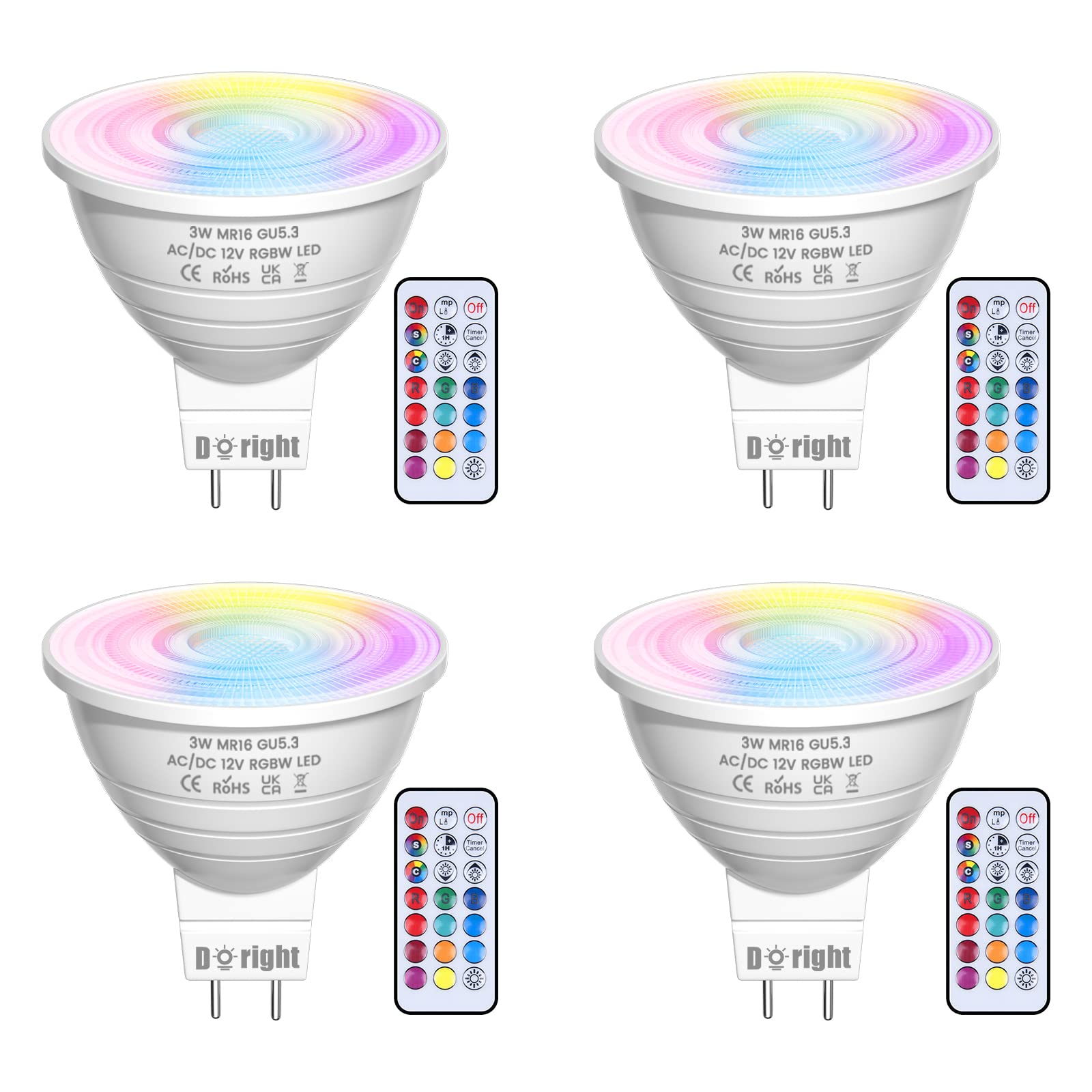 DoRight MR16 GU5.3 LED Bulbs RGB 3W AC/DC 12V Dimmable Colour Changing MR16 LED Floodlight with Remote Control, 16 Color Choice with Memory & Timing Function, RGB + Warm White 3000K for Decor