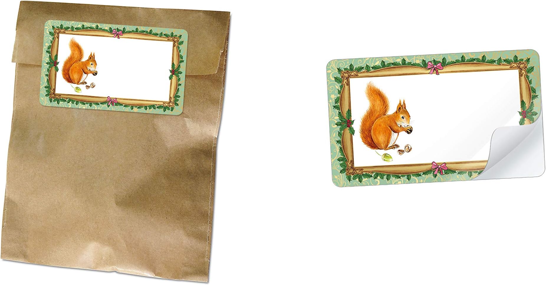 63 Gift Bags Christmas Bags Flat Bags Brown 130 x 95 + 16 mm + 63 Stickers Squirrel Green FreitText Packaging Christmas Gift Advent Calendar Cookie