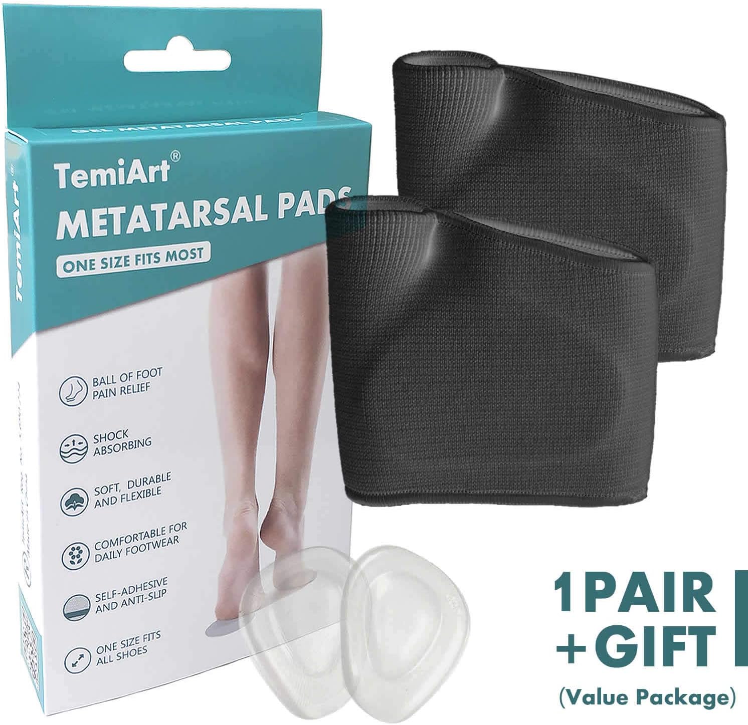 Temiart Metatarsal Sleeve Pads - 4 Pack Ball of Foot Cushions with Soft Gel, Fabric Compression Forefoot Gel Pads Cushion for Help Metatarsalgia, Mortons Neuroma, Diabetic Feet Pain Relief (Black): Health & Personal Care