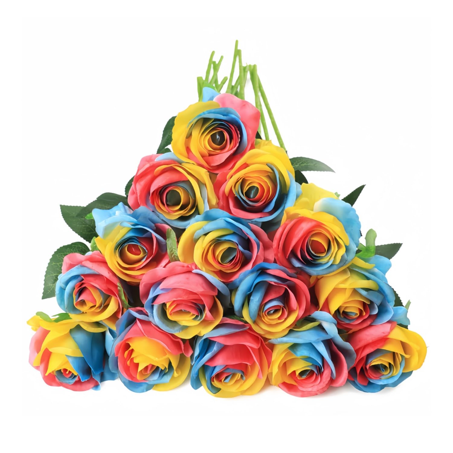 10 Pcs Artificial Roses, Rainbow Fake Roses Artificial Flowers, with Stems Fake Artificial Rainbow Roses Silk Flowers, for Home Garden Party Hotel Office Decor