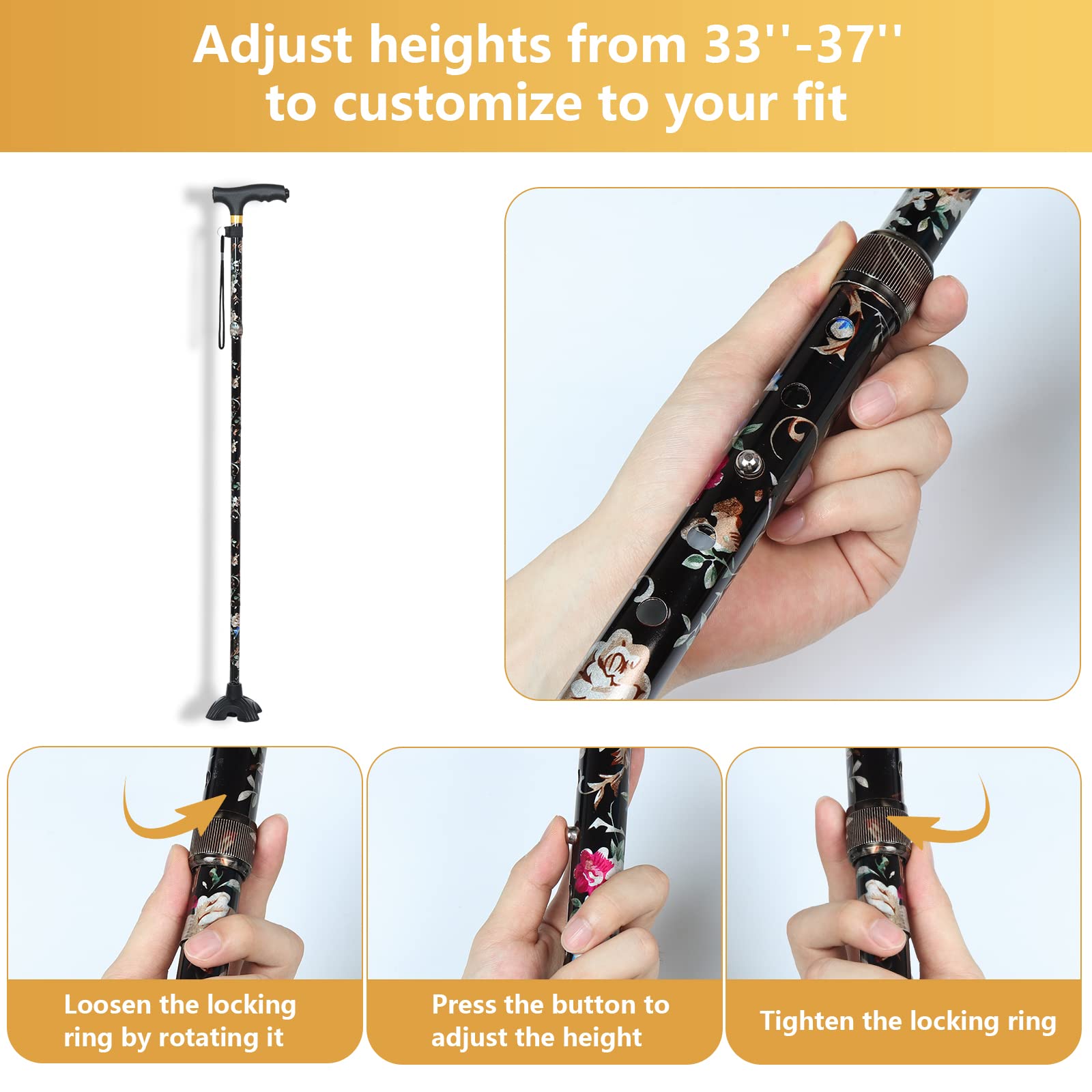 JUNRA Walking Cane with LED Light - Folding, Portable, Collapsible Aluminium Cane for Women and Men - Lightweight and Adjustable Walking Stick for Seniors Balance
