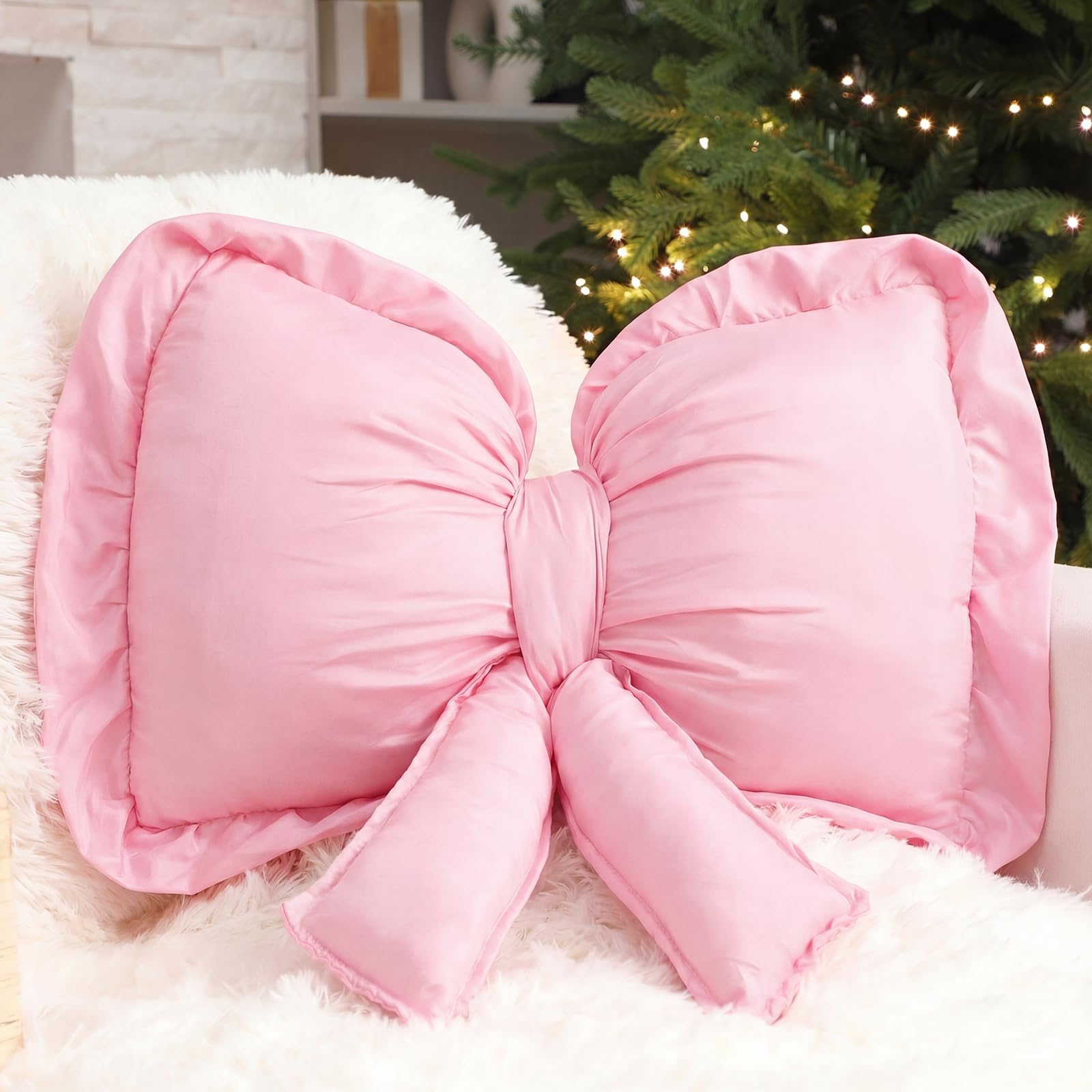 Photo 1 of SmoothNovelty Christmas Pink Bow Pillow Large Decorative Soft Pillow 18 Inch x 16 Inch Xmas Throw Lumbar Bow Decorations for Cushion Bed Sofa Couch Holiday Outdoor Car Home Decorations