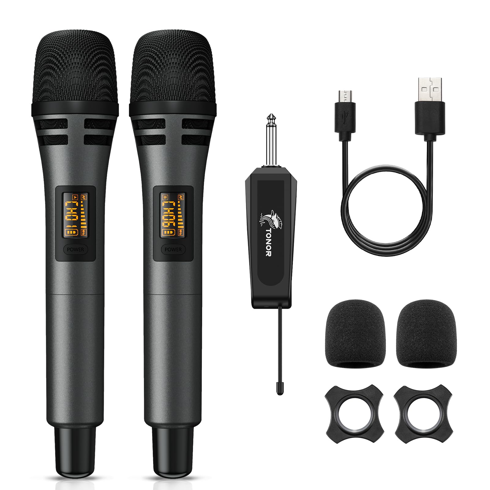 TONOR Wireless Microphones, UHF Cordless Handheld Dynamic Mics with 6.35mm Rechargeable Receiver, 60 m Range, 2 * 5 Adjustable Channels for Karaoke, Singing, DJ, Party, Speech, TW320, 2 Mics Grey