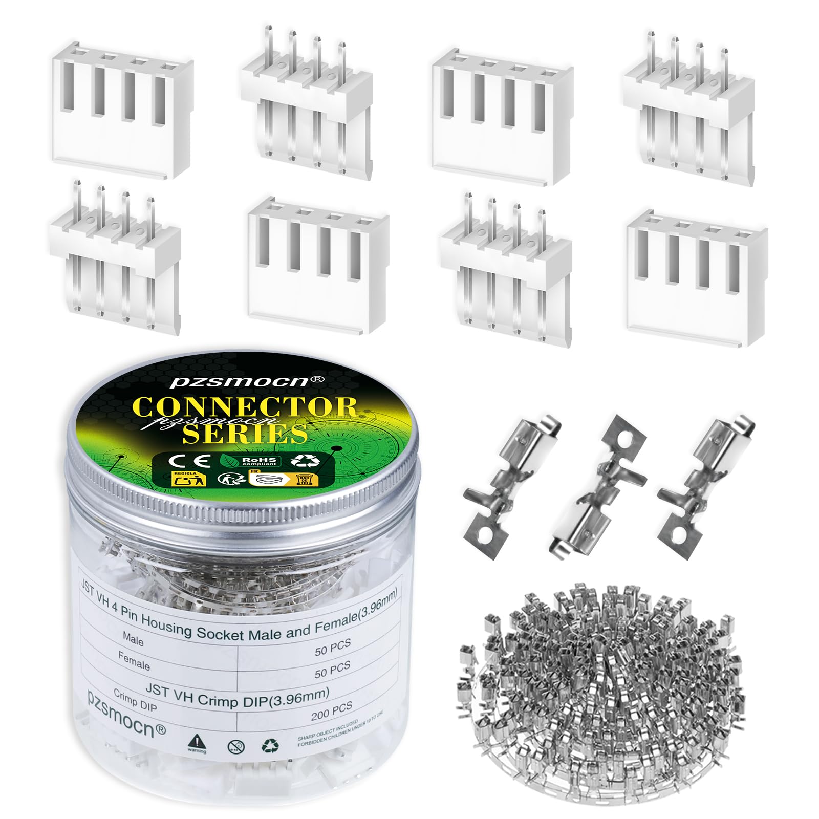 pzsmocn 300 Pieces / 50 Sets JST VH 3.96 mm Pitch 4 Pin Female Housing and Male Adapter Connector Plug Socket Terminal Wires Cables 24-18 AWG Assembly, Header Crimp Pins Kit