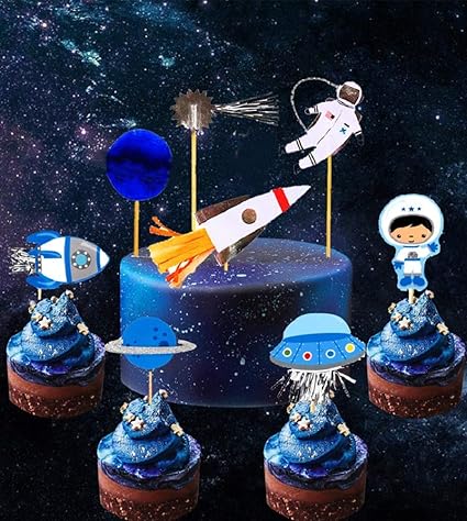 28 Pcs Jevenis Space Astronaut Cupcake Toppers Rocket Cake Decorations Earth Cupcake Toppers For Space Theme Party Kids Planets Birthday Party Stars