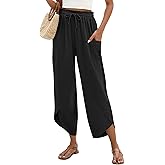 LOMON Women Linen Palazzo Pants Boho Wide Leg Elastic Waisted Casual Capri Pant Summer Harem Lounge with Pockets
