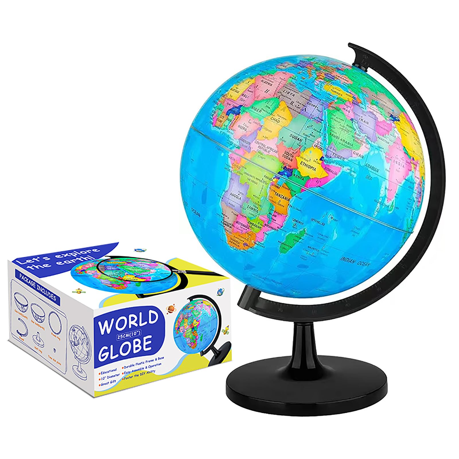Fun Lites 25CM World Globe for Kids Learning, DIY Assemble Educational Rotating World Map Globes Large Size Decorative Earth Children Globe for Classroom Geography Teaching, Desk and Office Decoration