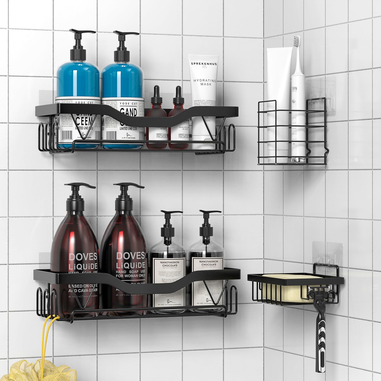 UUlioyer Shower Caddy, Rustproof Bathroom Shelf No Drilling, Bath Storage with Hooks (4-Pack Shower Caddy- Black)