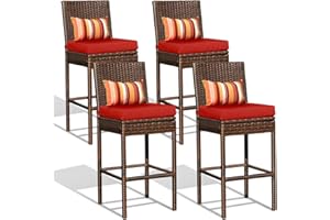 Sundale Outdoor Wicker Bar Stool Set of 4, 30 Inch Seat Height Patio Counter Height Stool with Back Rest, Rattan Woven Tall Chair with Pillow & Red Cushion, High Bar Stool - Steel, Brown