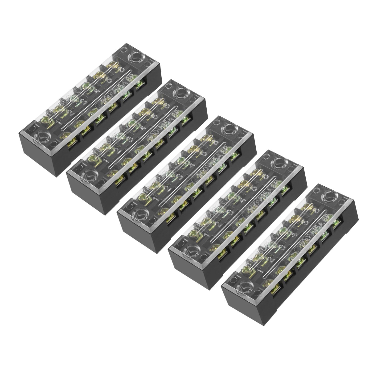Rebower 6 Positions Dual Rows 600V 15A Terminal Strip Blocks Barrier Screws (with Cover), [for Wires Connecting, Electronic Circuits] - 5 Pack/Black/TB-1506L